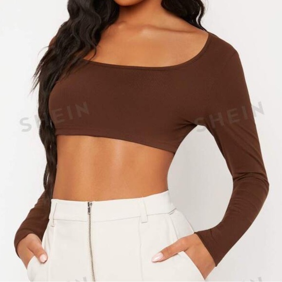 Coffee Brown Long Sleeve Crop Top XS - Picture 2 of 4
